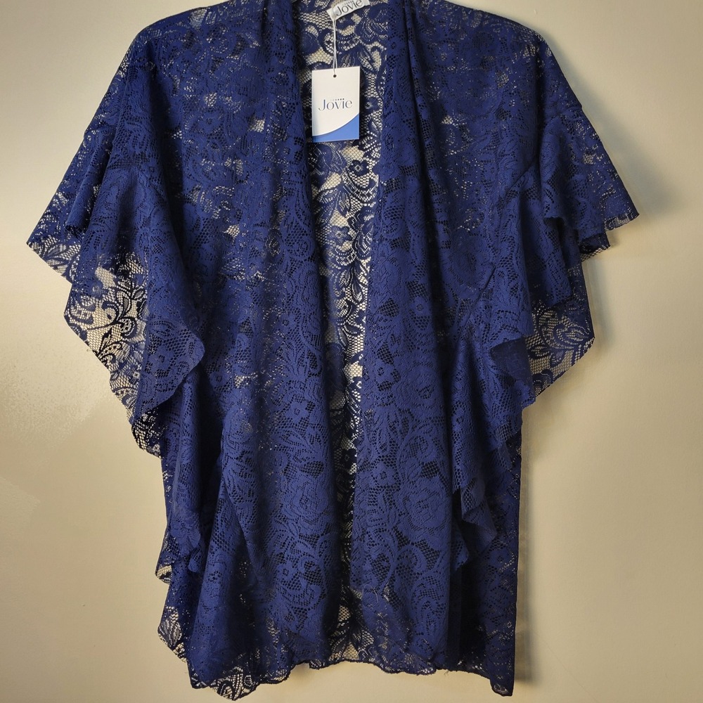 Jovie Womens Navy Blue Floral Lace Open Front Kimono Ruffle Sleeve Cardigan NWT